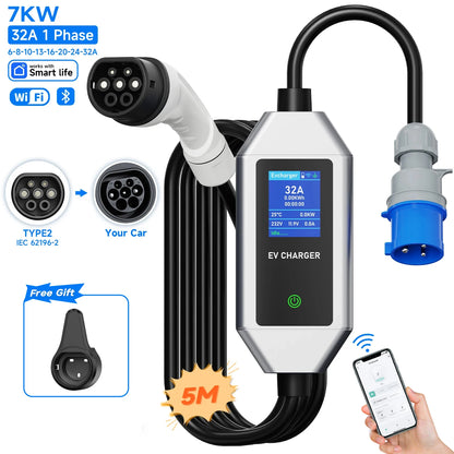 AFEEV 32A EV Charger 1Phase 7KW Type2 Portable Charger APP Control type 1 EV Charger EVSE GB/T Charging Cable for Electric Car