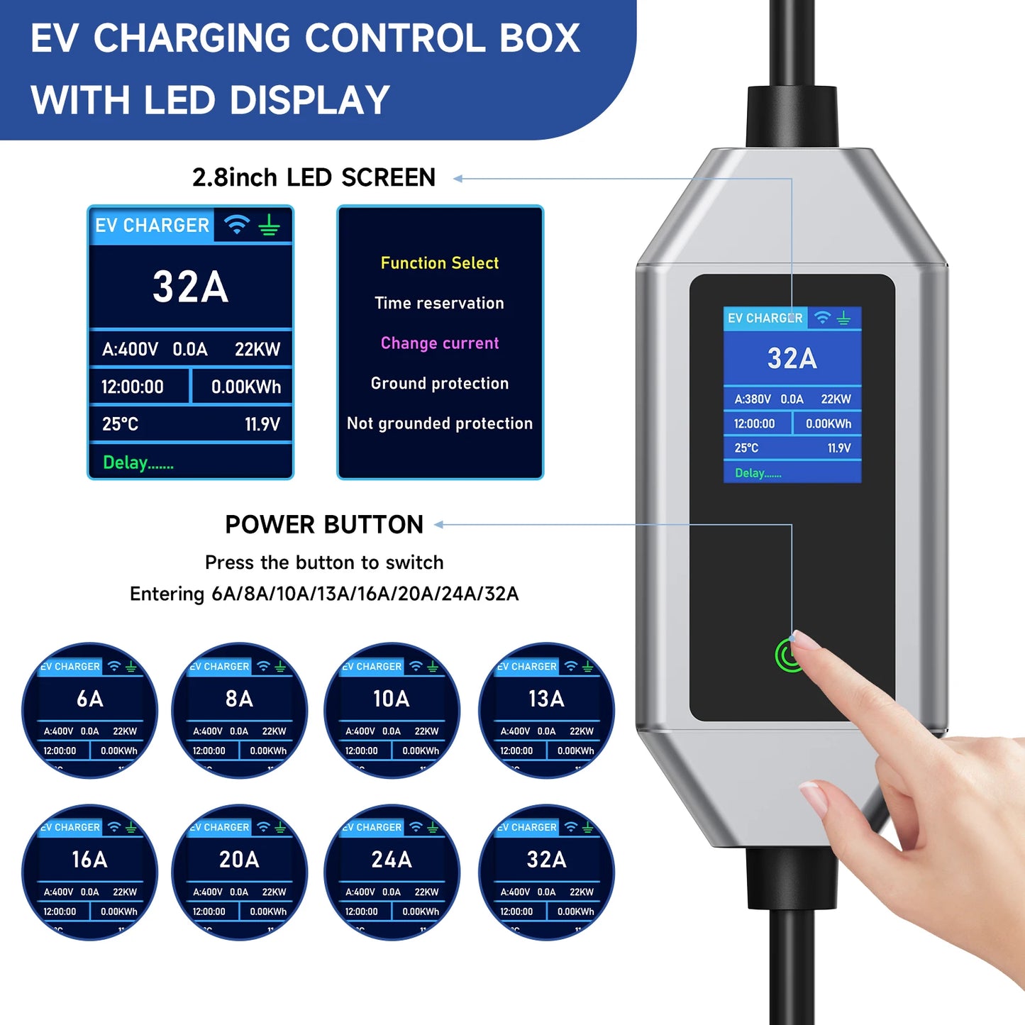 AFEEV Type 2 Portable EV Charger 22KW 32A 3Phase Wallbox IEC62196-2 EVSE Fast Charging Cable CEE Plug APP Bluetooth Control