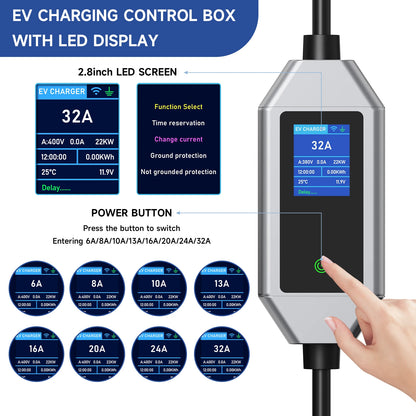 AFEEV Type 2 Portable EV Charger 22KW 32A 3Phase Wallbox IEC62196-2 EVSE Fast Charging Cable CEE Plug APP Bluetooth Control