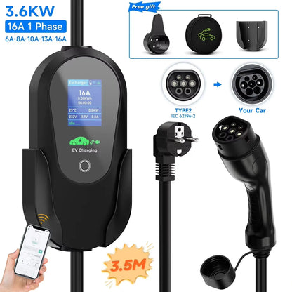 AFEEV Type 2 Portable EV Charger 3.6KW 16A 1Phase Wallbox Type1/GBT EVSE Fast Charging Cable EU Plug WiFi APP Bluetooth Control