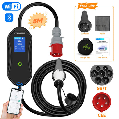 AFEEV Type 2 Portable EV Charger 11KW 16A 3Phase Wallbox IEC62196-2 EVSE Fast Charging Cable CEE Plug WIFI APP Bluetooth Control