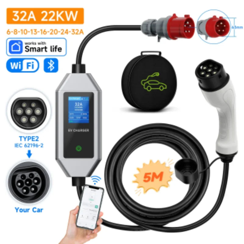 AFEEV Type 2 Portable EV Charger 22KW 32A 3Phase Wallbox IEC62196-2 EVSE Fast Charging Cable CEE Plug APP Bluetooth Control