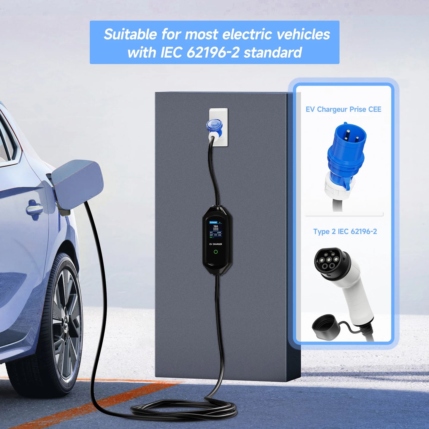 AFEEV Type 2 Portable EV Charger 7KW 32A 1Phase Wallbox Type1/GBT EVSE Fast Charging Cable CEE Plug APP Bluetooth Control