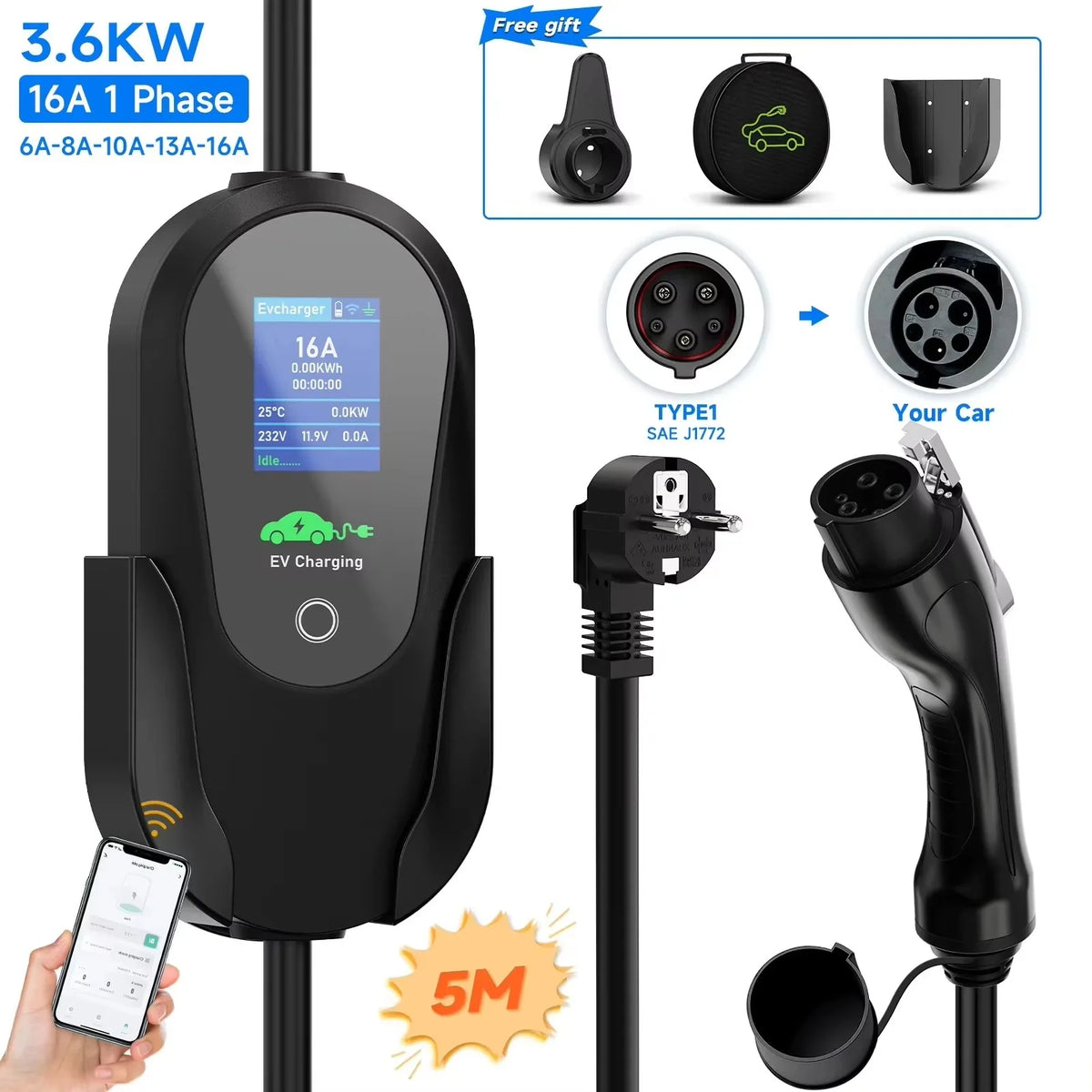 AFEEV Type 2 Portable EV Charger 3.6KW 16A 1Phase Wallbox Type1/GBT EVSE Fast Charging Cable EU Plug WiFi APP Bluetooth Control