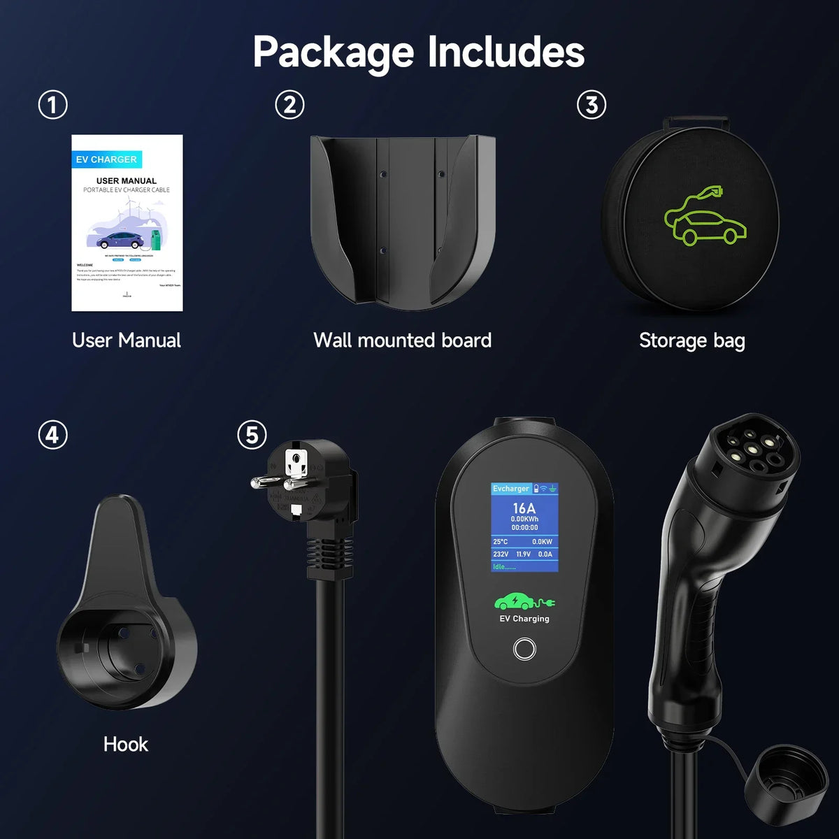 AFEEV Type 2 Portable EV Charger 3.6KW 16A 1Phase Wallbox Type1/GBT EVSE Fast Charging Cable EU Plug WiFi APP Bluetooth Control