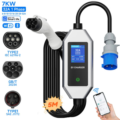 AFEEV 32A EV Charger 1Phase 7KW Type2 Portable Charger APP Control type 1 EV Charger EVSE GB/T Charging Cable for Electric Car