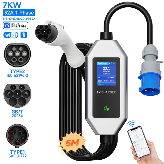 AFEEV 32A EV Charger 1Phase 7KW Type2 Portable Charger APP Control type 1 EV Charger EVSE GB/T Charging Cable for Electric Car
