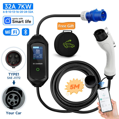 AFEEV Type 2 Portable EV Charger 7KW 32A 1Phase Wallbox Type1/GBT EVSE Fast Charging Cable CEE Plug APP Bluetooth Control