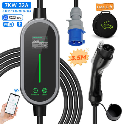 AFEEV 7KW 32A 1Phase Portable EV Charger Type2/Type1/GBT EVSE Fast Charging Cable Wallbox CEE Plug APP Bluetooth Control