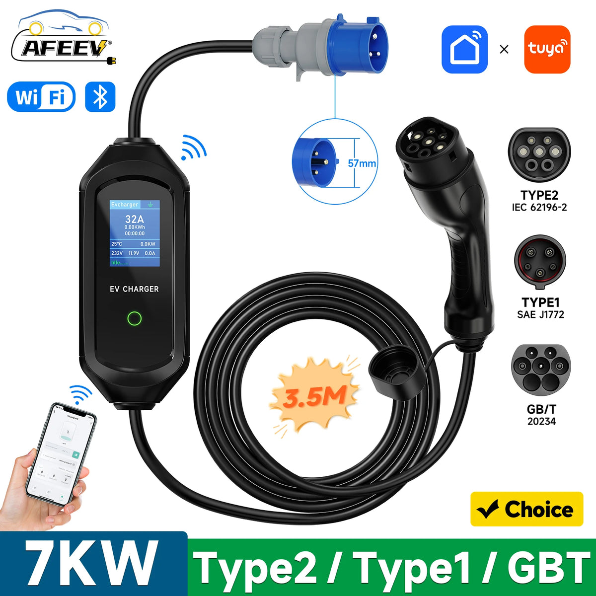 AFEEV 7KW Portable EV Charger Type2/Type1/GBT Electric Car Charger 32A 1Phase Fast Charging Cable APP Bluetooth Control
