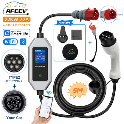 AFEEV Type 2 Portable EV Charger 22KW 32A 3Phase Wallbox IEC62196-2 EVSE Fast Charging Cable CEE Plug APP Bluetooth Control