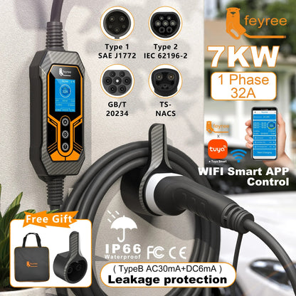 Portable 7kW EV Charger Single Phase 32A Travel Charging