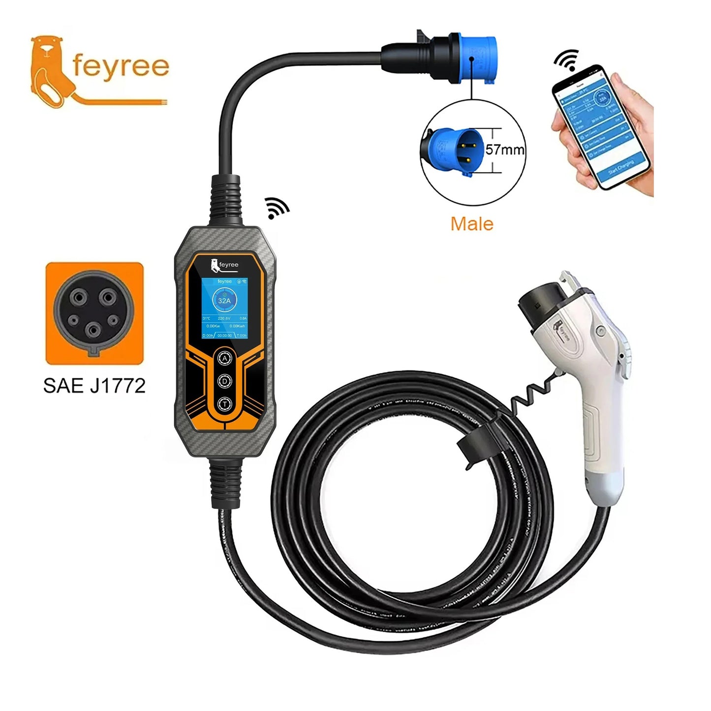 Portable 7kW EV Charger Single Phase 32A Travel Charging