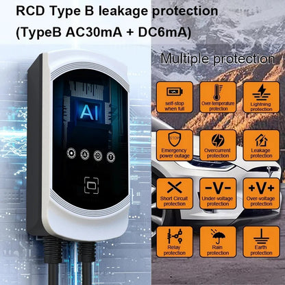 Smart WiFi Wallmount EV Charger (7kW–22kW) Tuya App Control RFID & 8A–50A Adjustable current wallbox Safety Certified