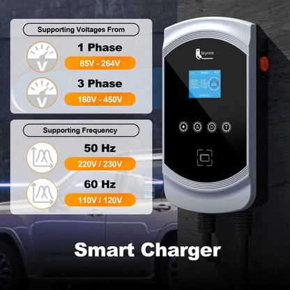 Smart WiFi Wallmount EV Charger (7kW–22kW) Tuya App Control RFID & 8A–50A Adjustable current wallbox Safety Certified