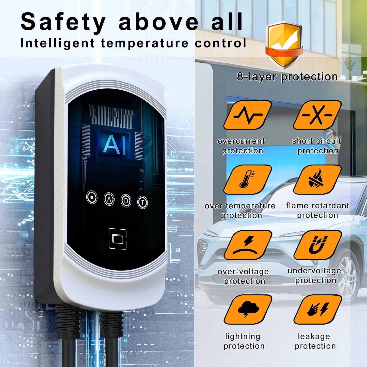 Smart WiFi Wallmount EV Charger (7kW–22kW) Tuya App Control RFID & 8A–50A Adjustable current wallbox Safety Certified