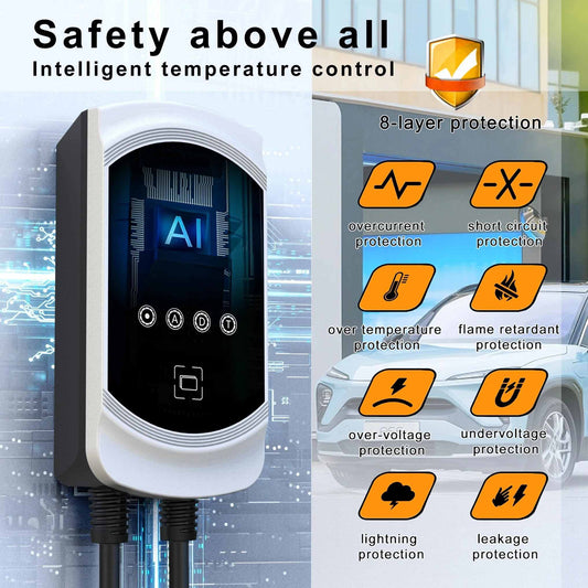 Smart WiFi Wallmount EV Charger (7kW–22kW) Tuya App Control RFID & 8A–50A Adjustable current wallbox Safety Certified